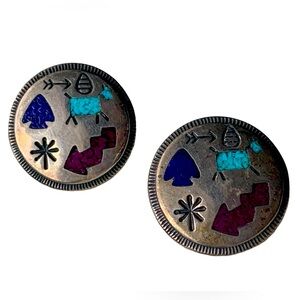 Vintage CAROLYN POLLACK Signed Sterling Silver Round Inlay Earrings Jewelry